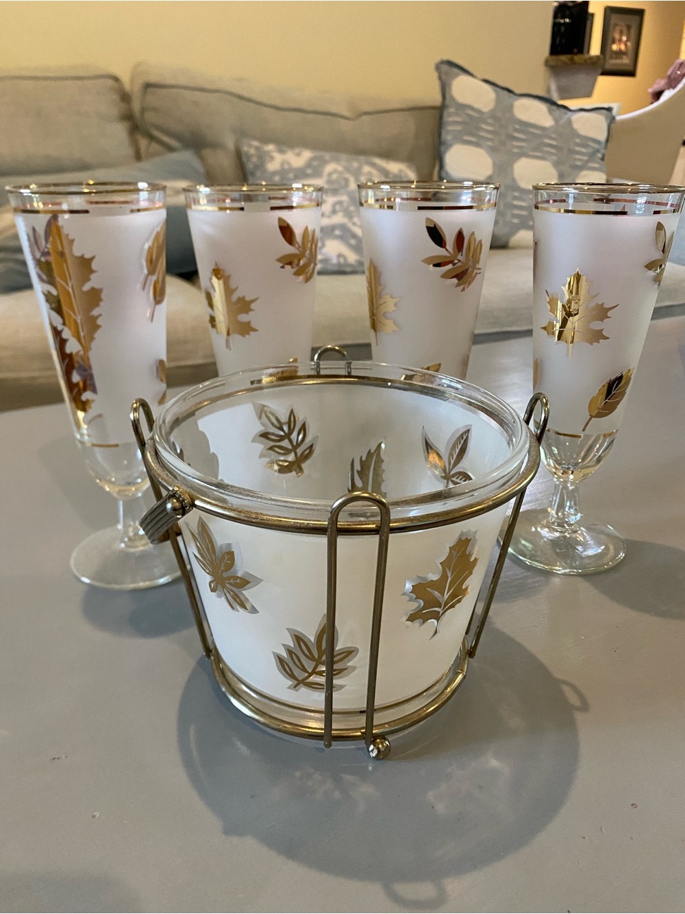 Frosted Glass Bar Set with Gold Leaf Design and Ice Bucket